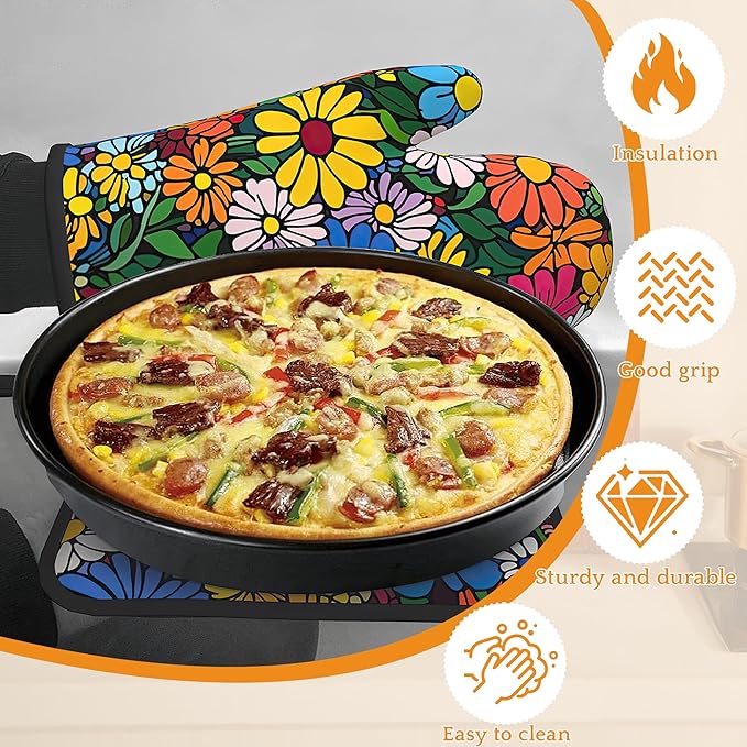 Abstract Hippie Flower Oven Mitts and Pot Holders, Heat Resistant Oven Mitts - Image 4