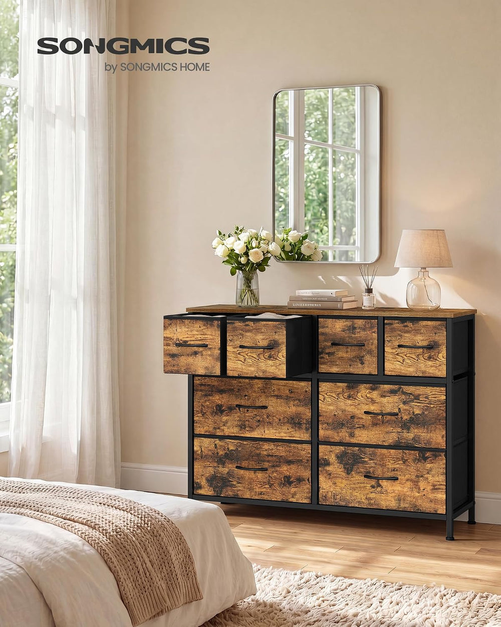 SONGMICS Wide Dresser for Bedroom, 8 Fabric Drawers with Steel Frame