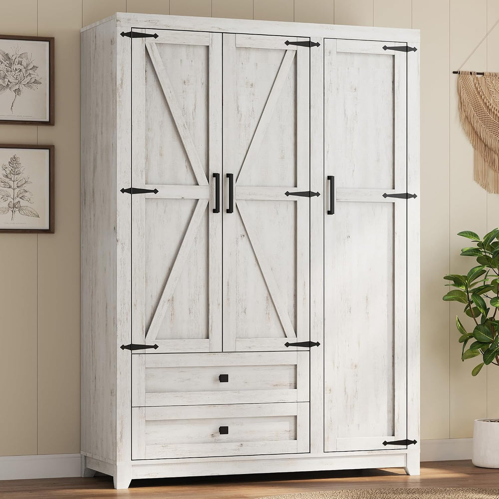AMERLIFE Farmhouse 3 Door Wardrobe Closet with 2 Drawers & Hanging Rod