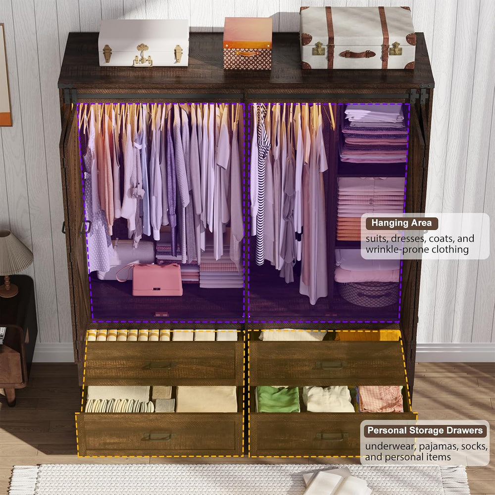 Farmhouse 4 Doors Armoire Wardrobe Closet w/Folding Sliding Barn Door and Lig...