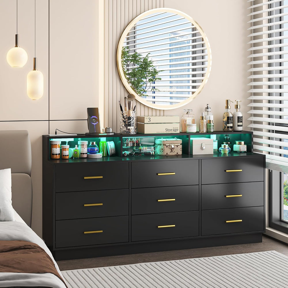 UNIQUITE Black 9 Drawer Dressers for Bedroom, Modern Large Dresser with LED L...