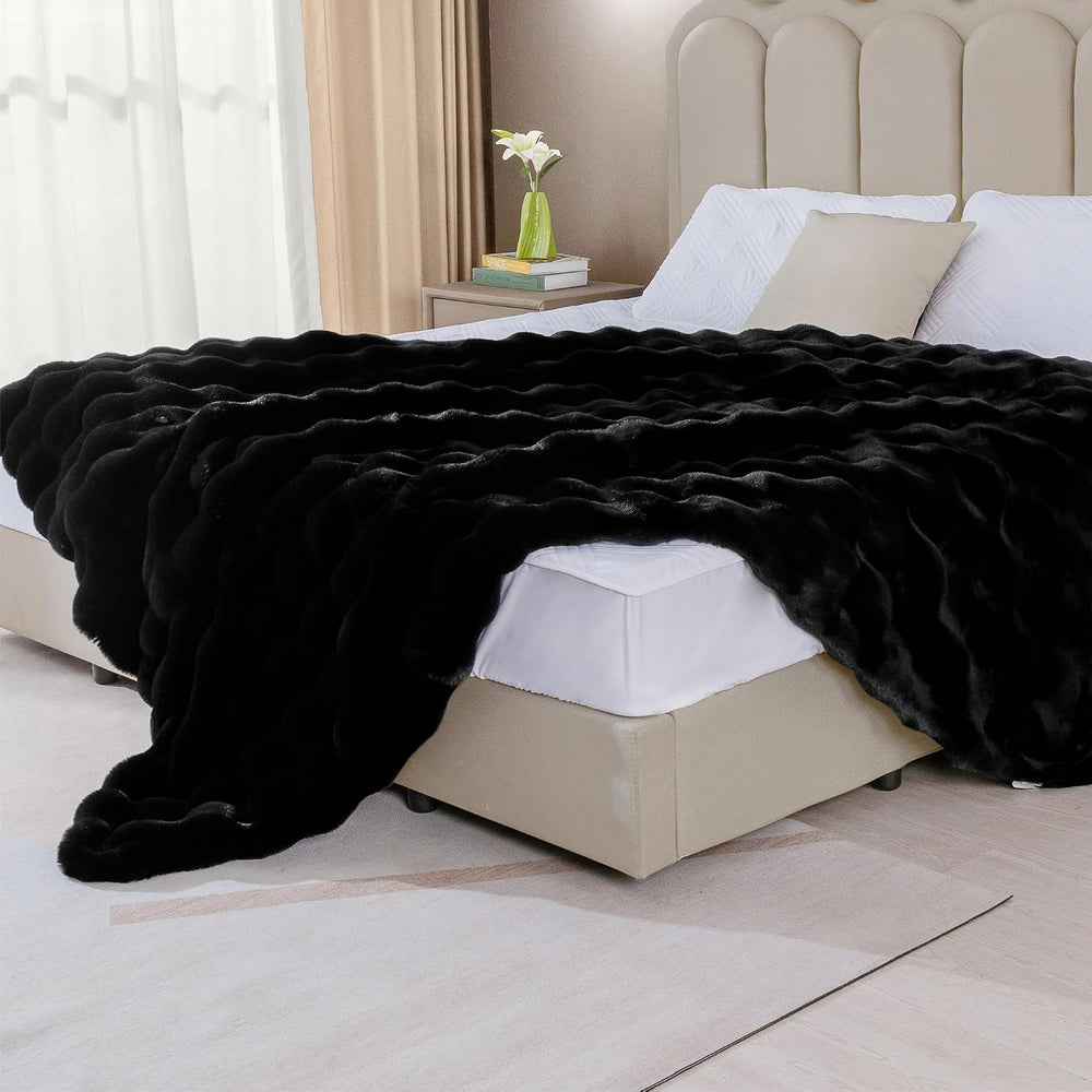 Black Fluffy Thick Fur Throw Blanket 50x60 for Bed Couch Office Chair Bunny S...