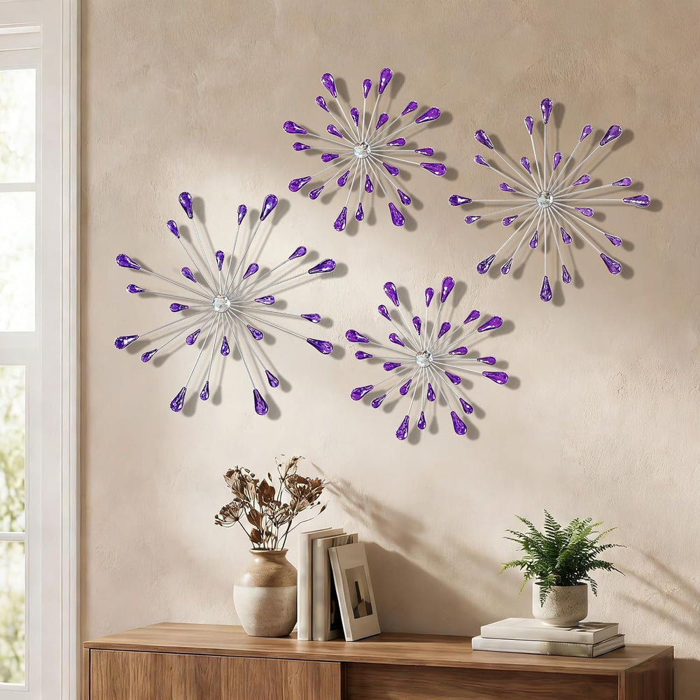 ZEXUIRU 4 Set Silver Starburst Wall Art for Home Decor Metal Bling Crystal Rh...