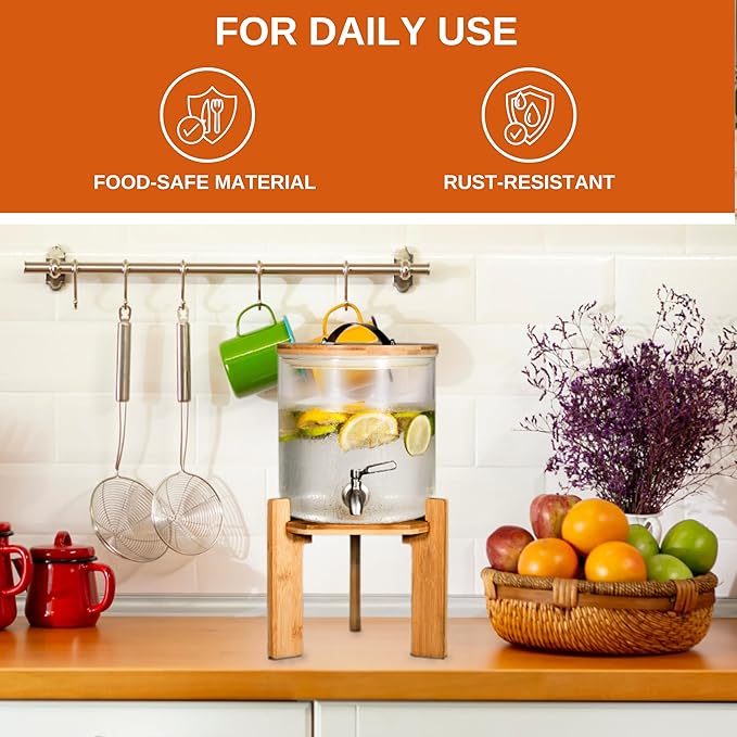 Glass Beverage Dispenser with Bamboo Stand 6.7 In and Lid, Iced 1.5 Gallon - Image 5
