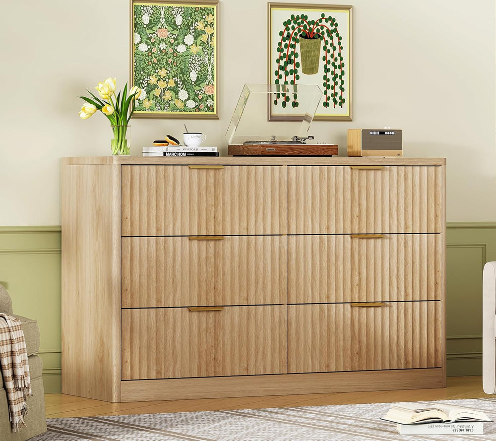 Fluted 6 Drawer Dresser for Bedroom, Wide Modern Chest of Drawers with Metal ...