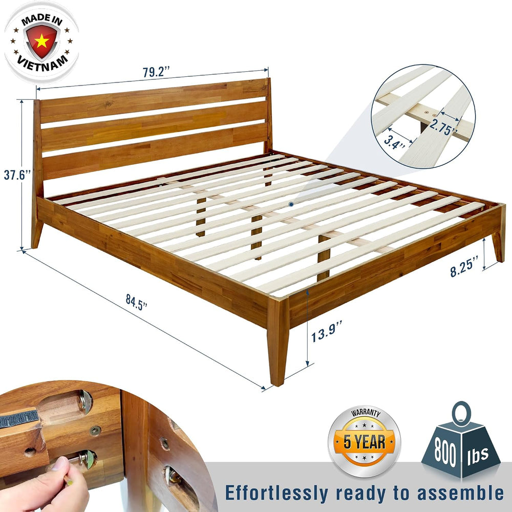 Emery Acacia Solid Wood King Platform Bed, Mid-Century, Caramel