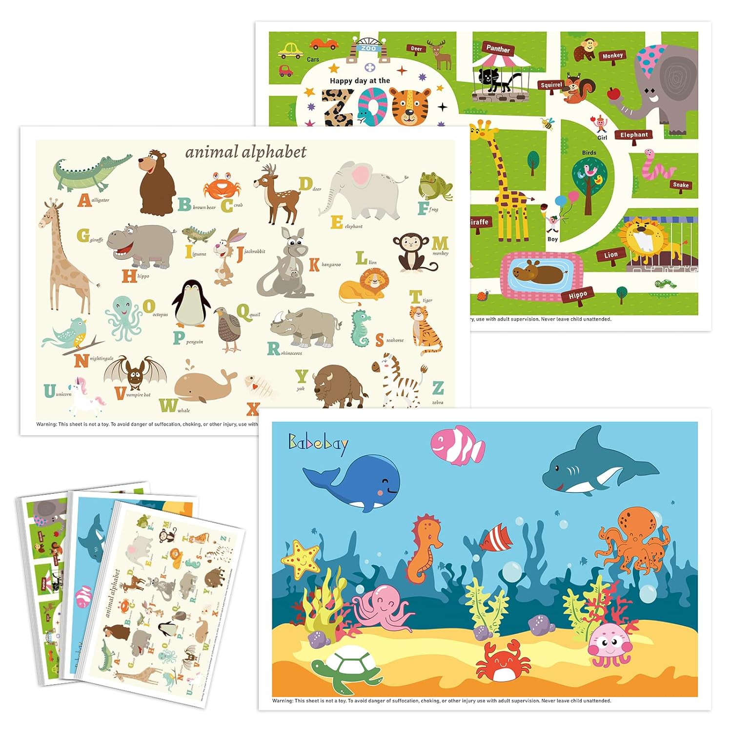 Babebay Disposable Stick-On Placemats for Baby, 60 Pack, 3 Animal Designs | Sticky Baby Table Mats, Cleaner Eating Surface, 3 Fun Animal Designs, for Babies & Toddlers, Restaurants & or on the go