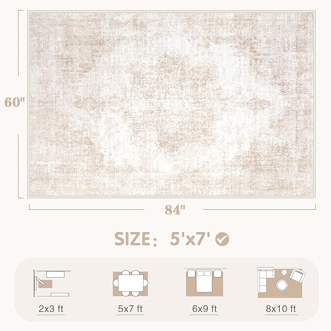 Area Rug 5x7 Vintage Rugs: Washable Living Room Rug Retro Medallion Distressed - Image 2