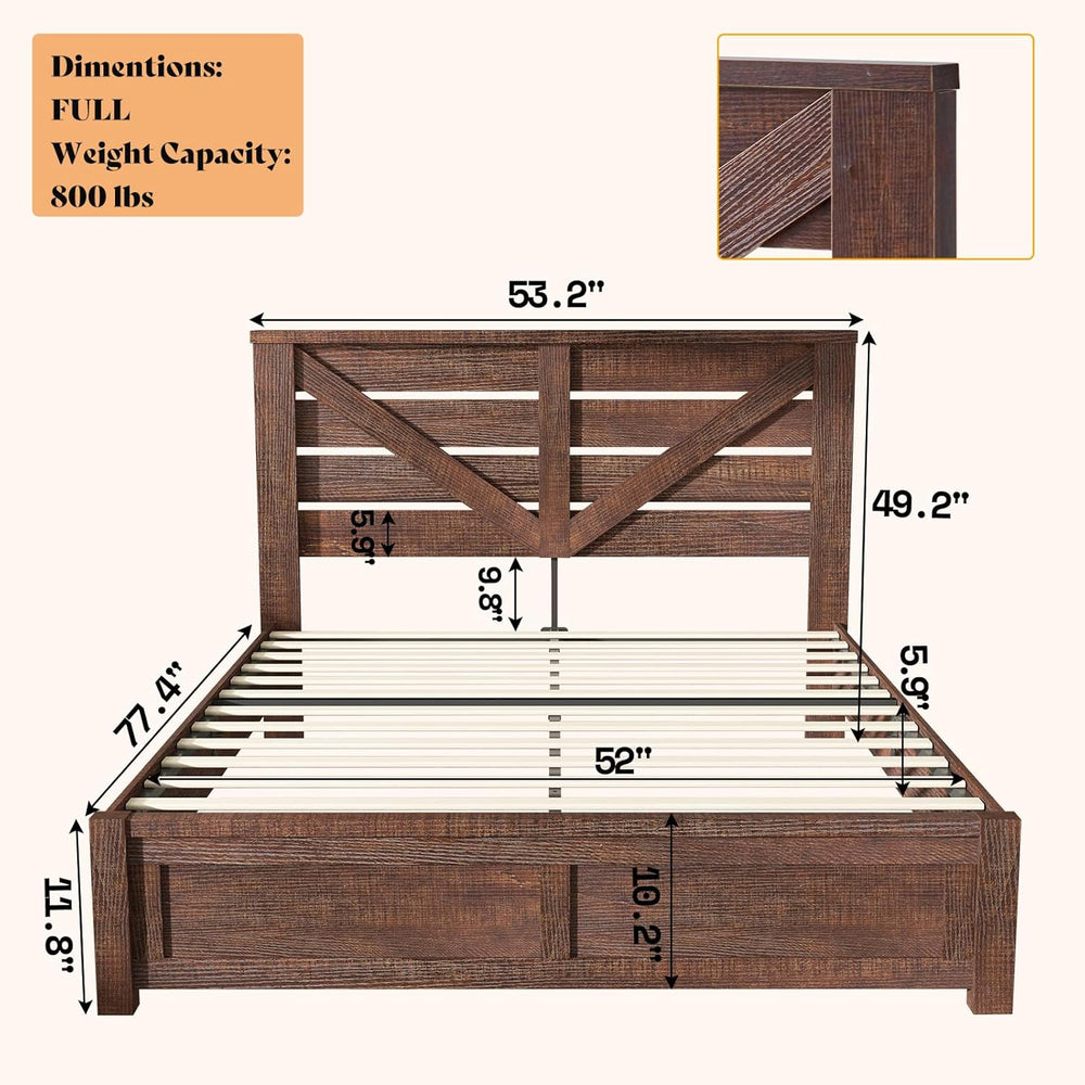 AMERLIFE Farmhouse Full Size Bed Frame with Barn Door Storage, Rustic Brown