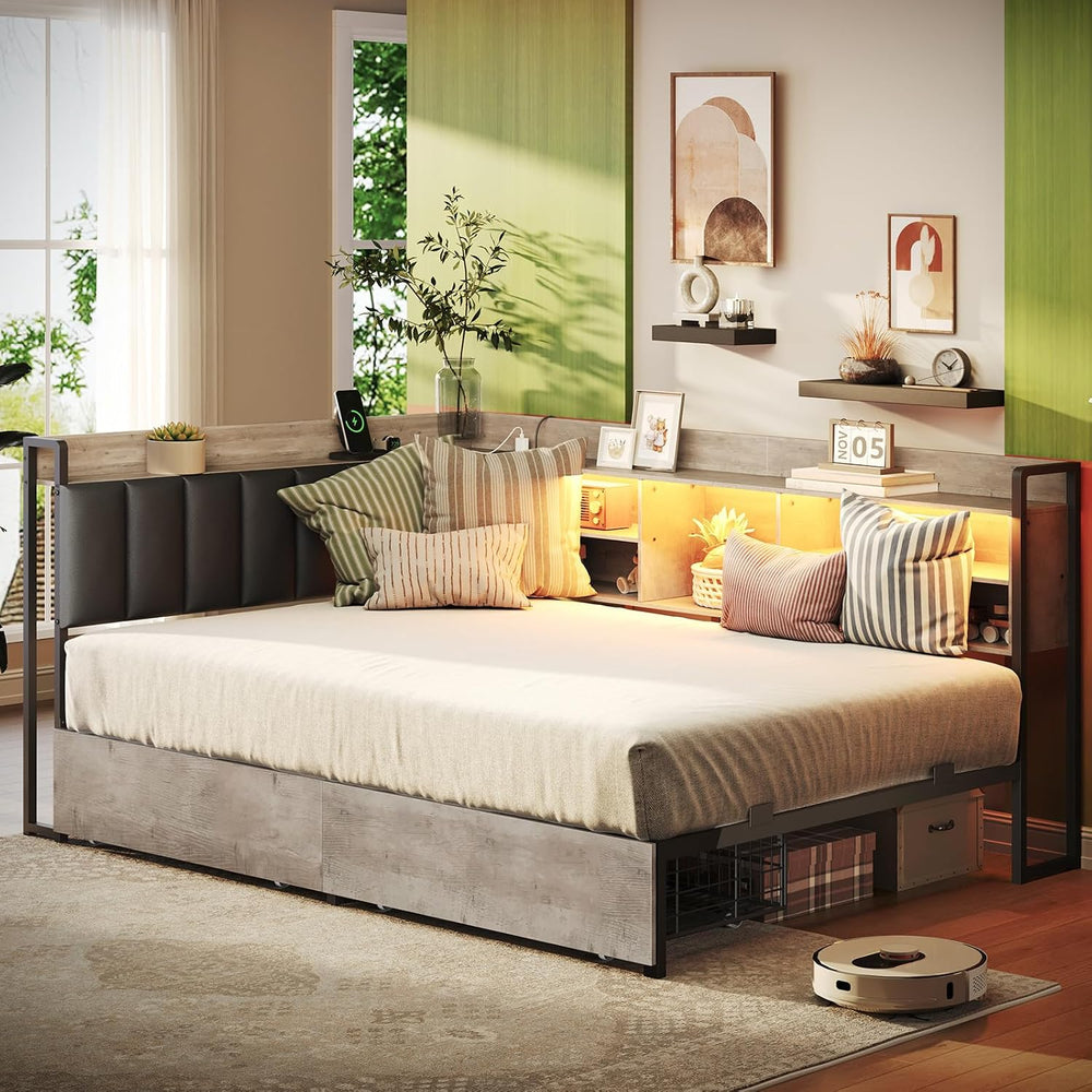 Twin Corner Bed Frame with Bookcase Storage and PU Upholstered, Twin Daybed w...