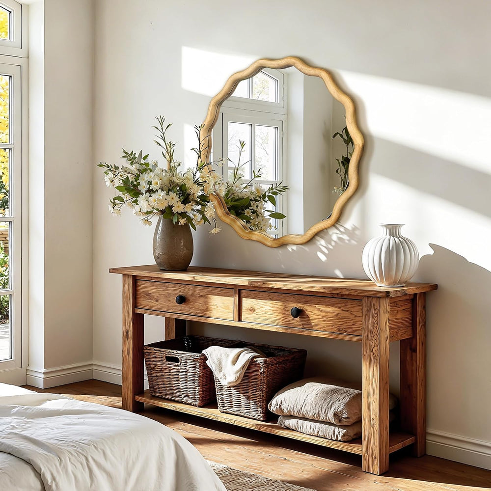 AMOISE Round Wavy Wall Mirror, 24" Circle Boho Scalloped Mirror