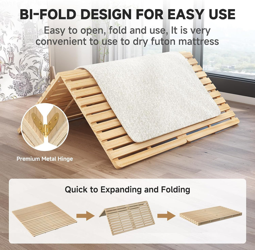 King Size Foldable Floor Bed Frame, Solid Wood Slat Base for Futon Mattress
