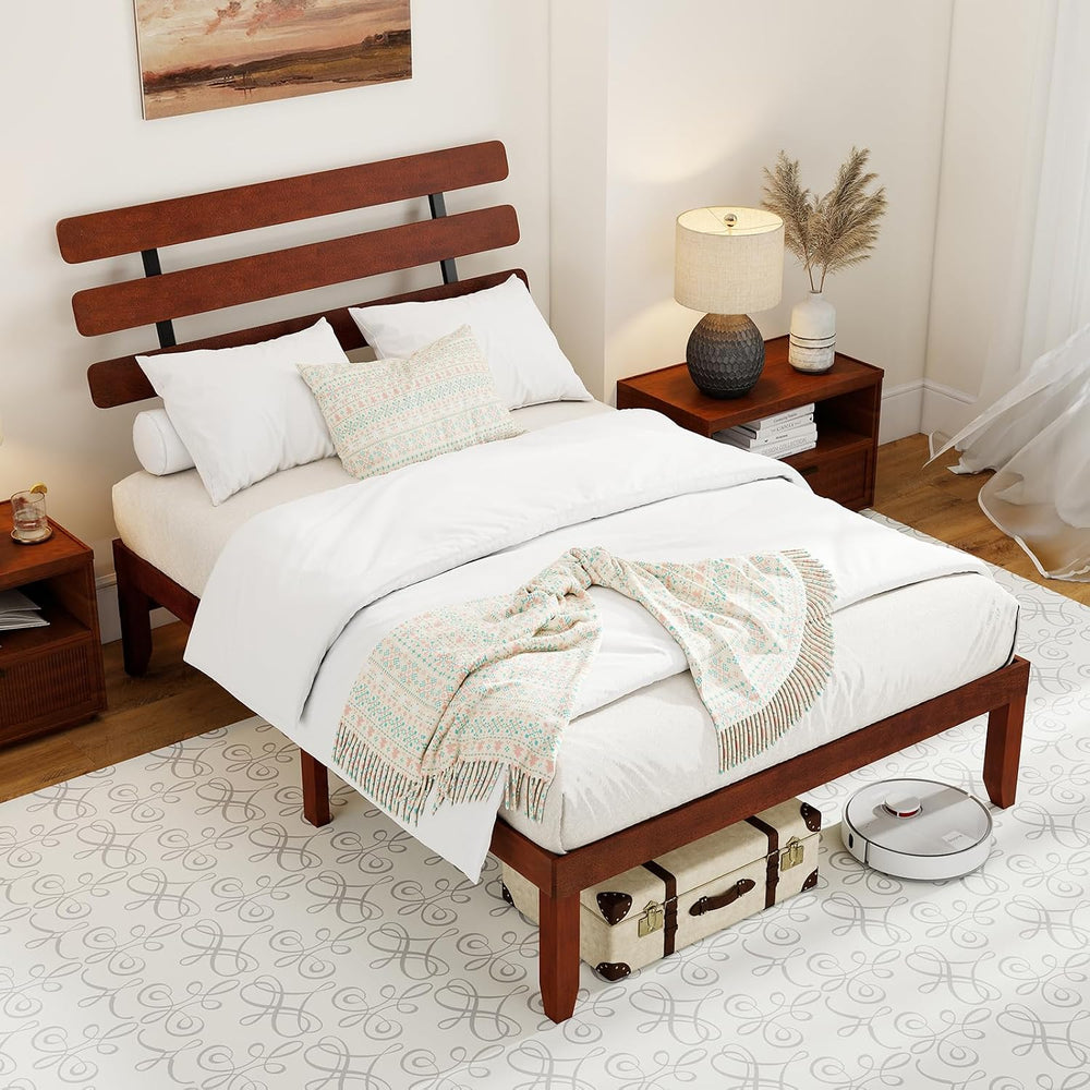 GIANTEX Full Size Platform Bed with Retro Headboard, Mid Century Modern Bed F...