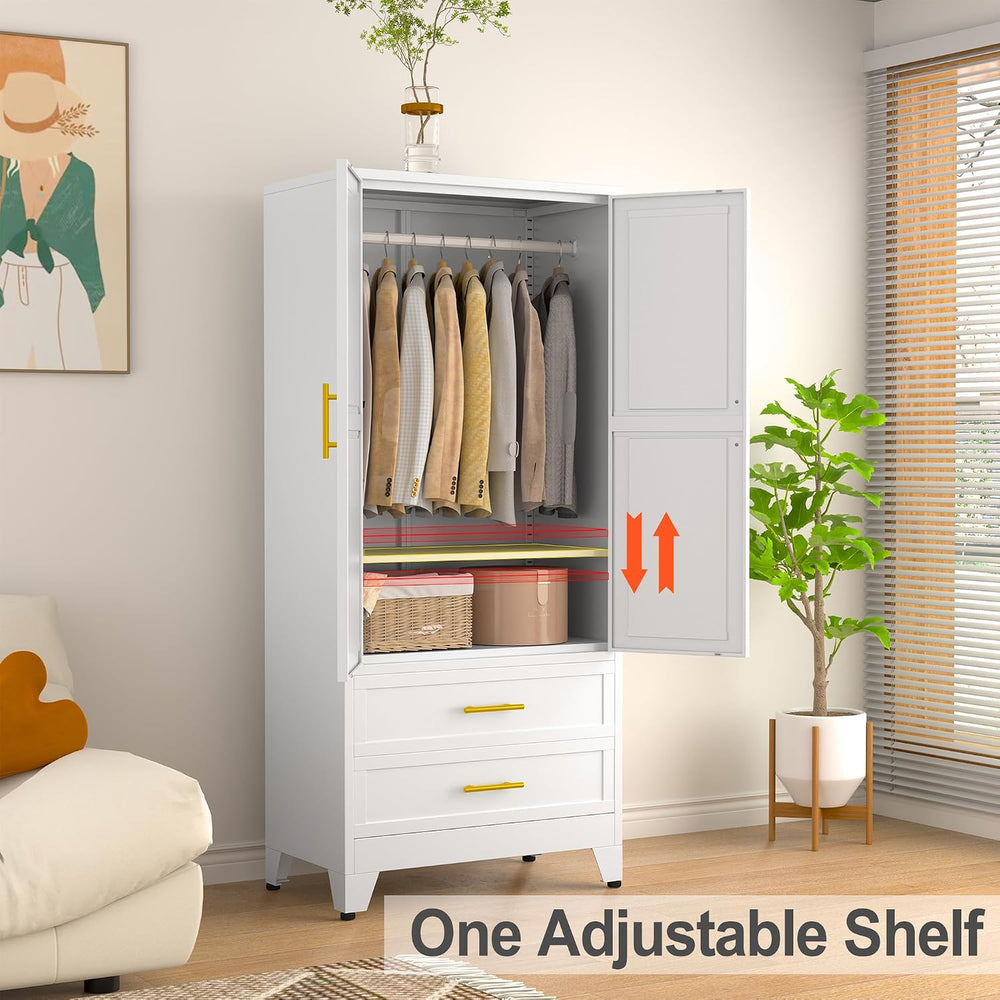 RIETERN Metal Armoire Wardrobe Closet, 71" Tall White Bedroom Closet