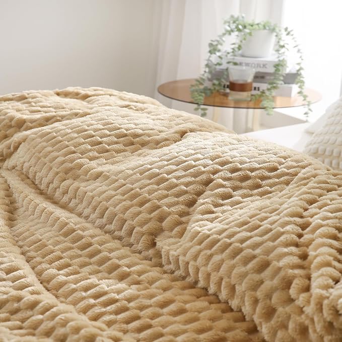 Beige Throw Blanket 50"×60" inches Fuzzy 3D Jacquard Decorative Flannel Fleece - Image 5