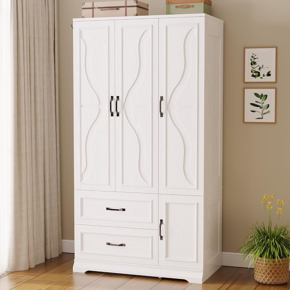 LIKIMIO Armoire Wardrobe Closet with 4 Doors and Drawers, White