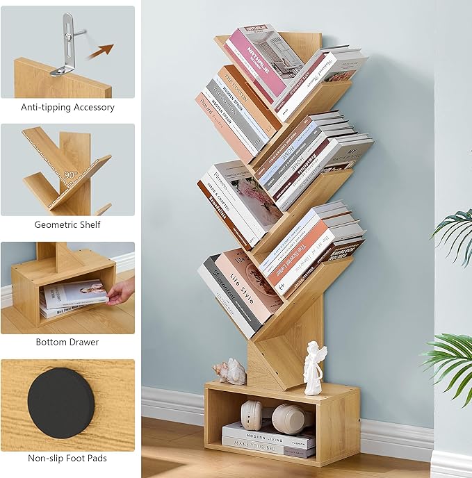 Hoctieon 6 Tier Tree Bookshelf, Tall Bookcase with Drawer, Freestanding Book ...