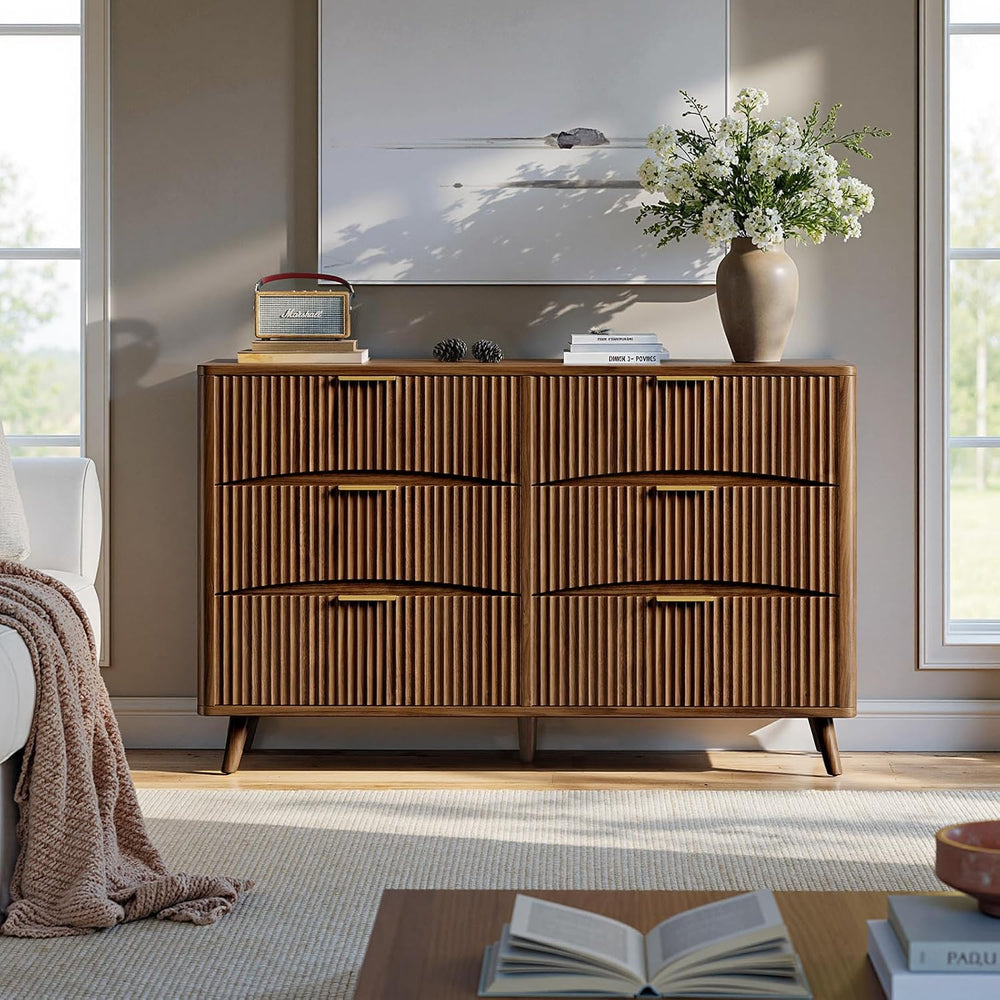 Evermagin 54" Curved Fluted 6-Drawer Dresser, Mid-Century Modern Walnut