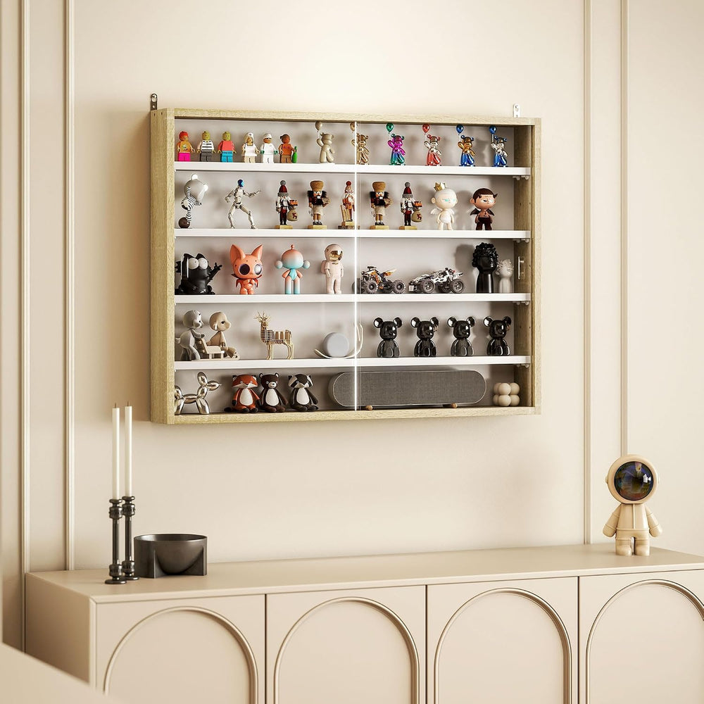 HOMCOM 5-Tier Wall Mounted Display Cabinet Glass Doors 60x80cm White/Oak | Di...