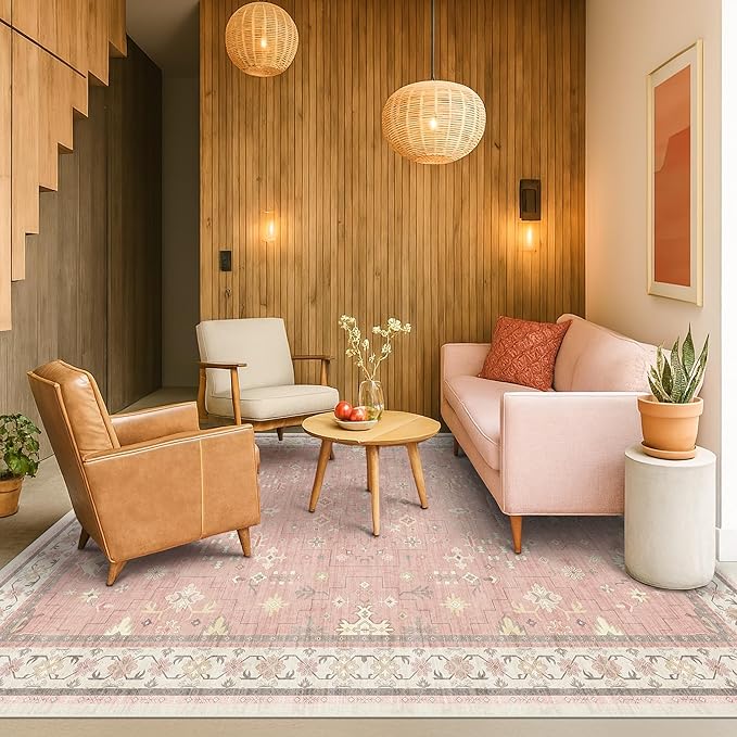Washable 8x10 Blush Pink Rug for Bedroom Girls Dorm, Floral Retro Living Room - Image 3