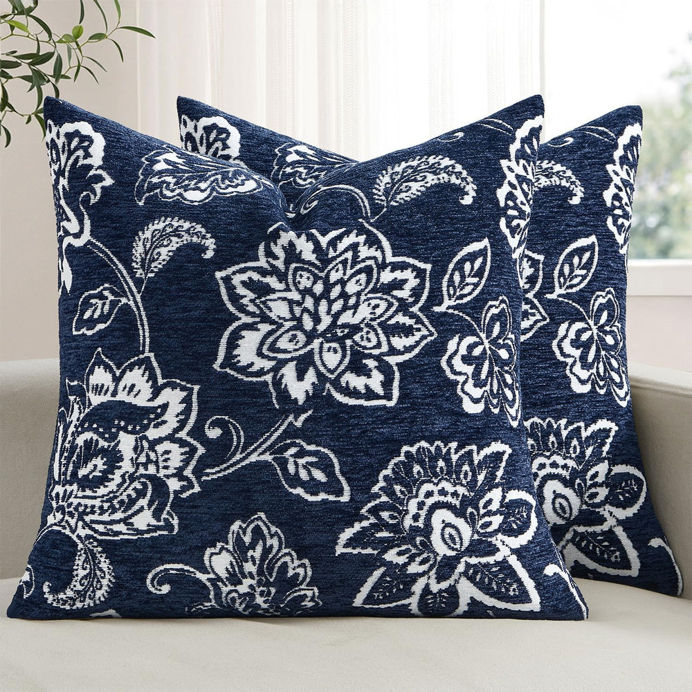 Set of 2 Chenille Floral Pillow Covers 20x20 Inch Navy Blue