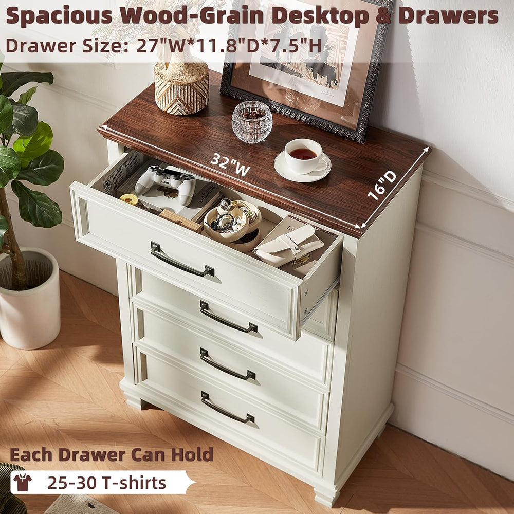 Farmhouse 5 Drawer Dresser for Bedroom, White