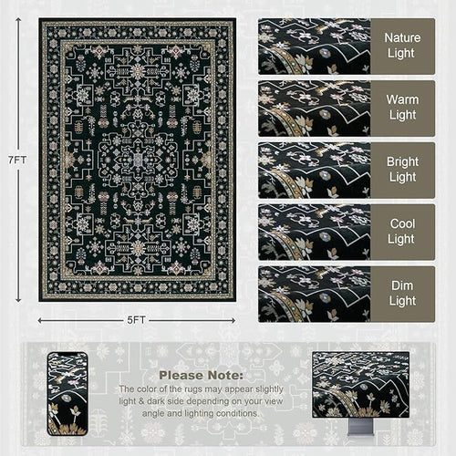 5x7 Area Rugs Living Room Rug: Washable Vintage Boho Medallion Rug No Slip - Image 2
