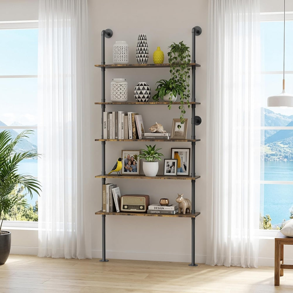 Merapi 5 Tier Rustic Industrial Pipe Floating Wall Shelves | Wall Mounted She...