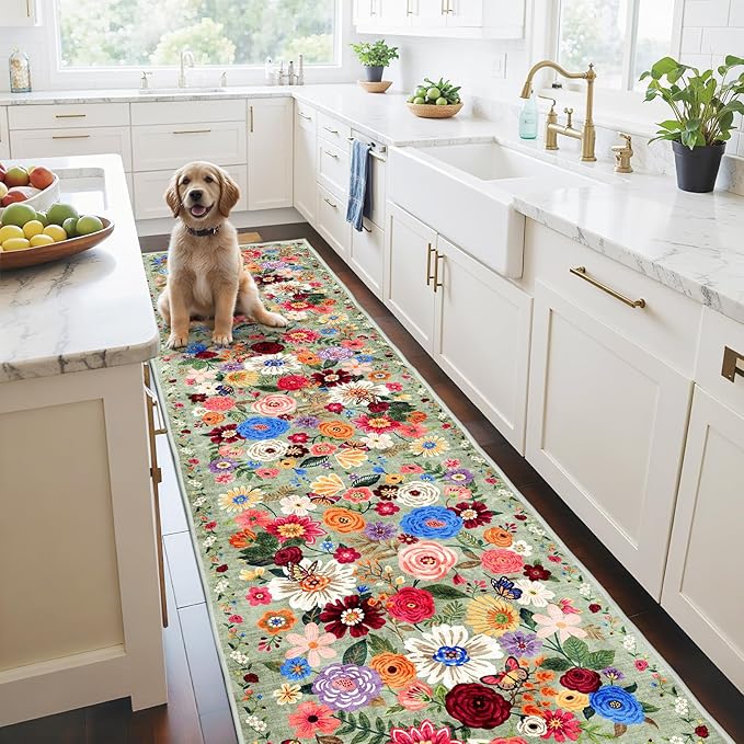 Floral Hallway Runner Green Carpet Non-Slip, 2x10 Washable Rug Ultra-Thin Soft by WelcometoBabovid