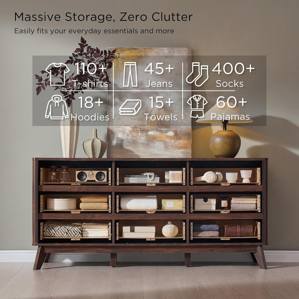 T4TREAM 63" Wide Fluted 9 Drawer Dresser for Bedroom, Dark Walnut