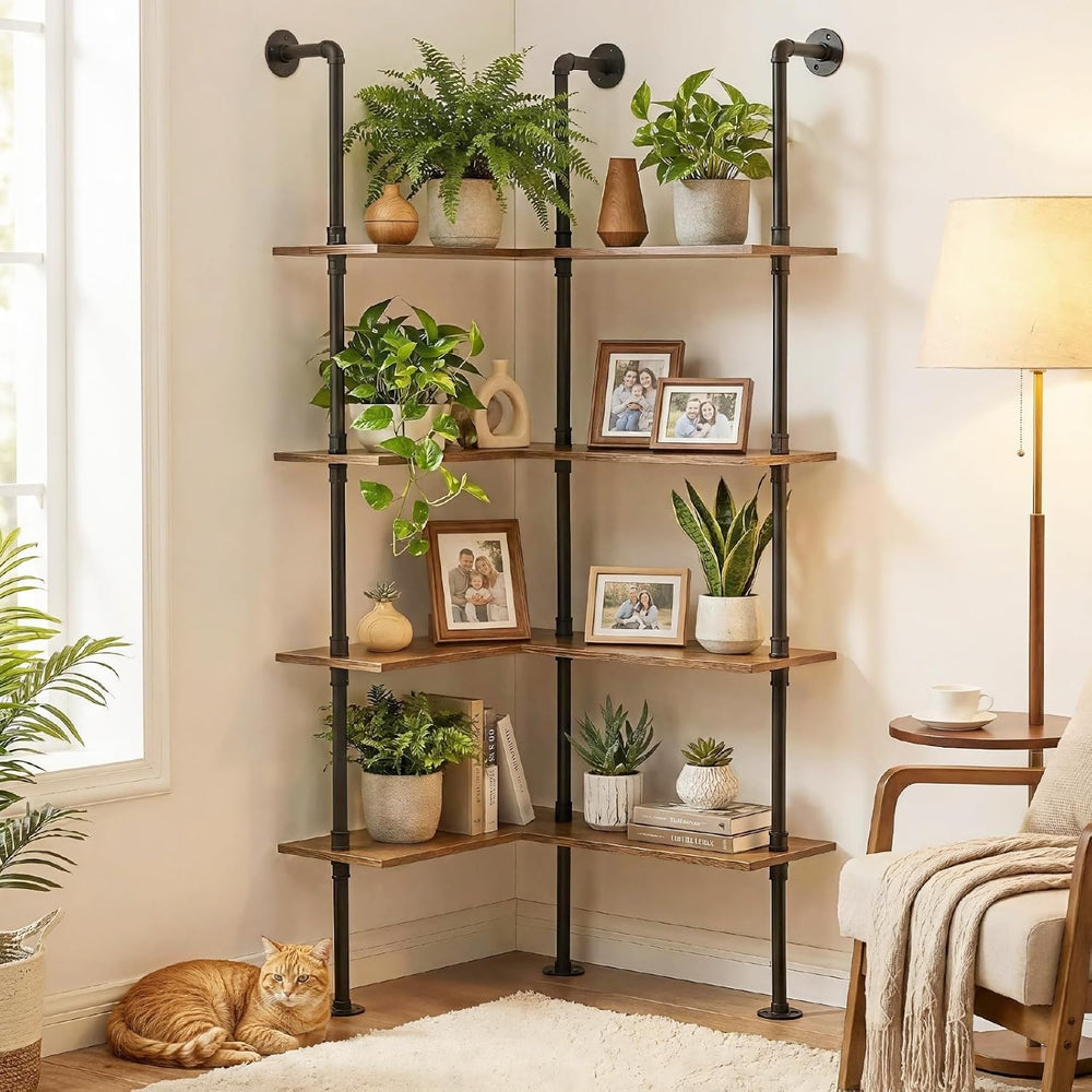 Industrial Pipe Corner Bookshelf, Wall Ladder Shelves/Shelving/Bookcase | 4 T...