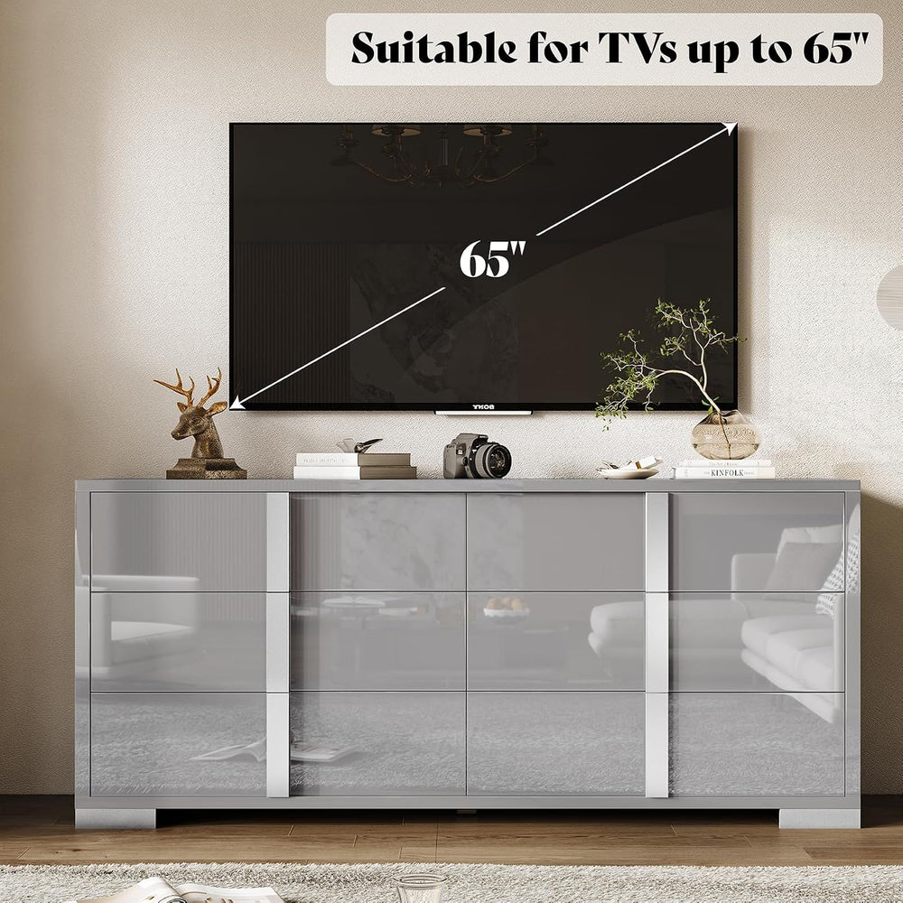 AMERLIFE 6 Drawer Dresser, Modern Storage Chest, High Gloss Finish, Grey