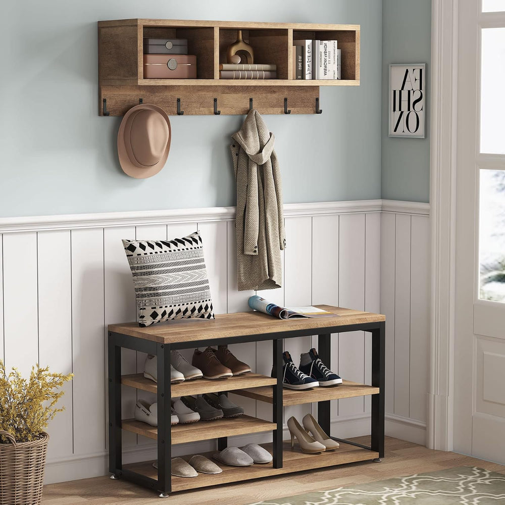 Tribesigns Coat Rack Set, Hall Tree, Industrial Shoe Bench, 3 Storage Cubbies...