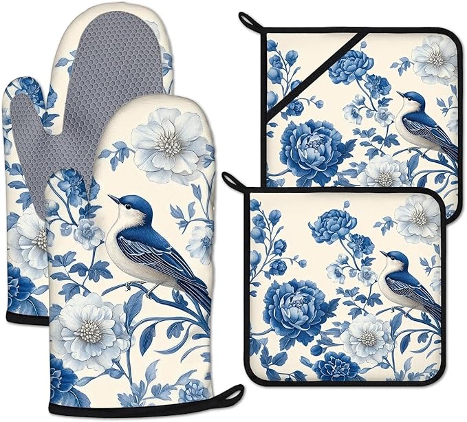 Blue Bird Blooming Flower Oven Mitts and Pot Holders Sets Heat Resistant 4Pcs by ANTJOO