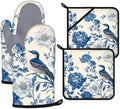 Blue Bird Blooming Flower Oven Mitts and Pot Holders Sets Heat Resistant 4Pcs by ANTJOO