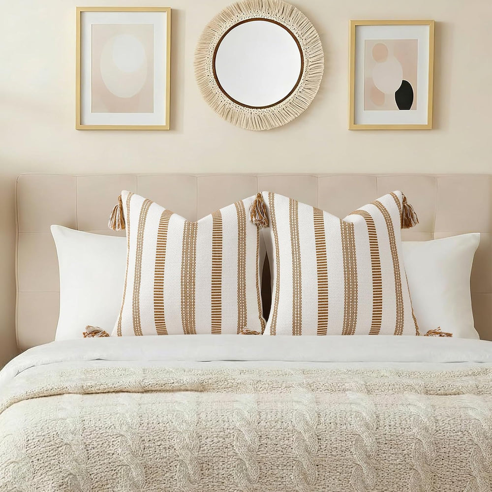 Smile Bee Outdoor Striped Pillow Covers 18x18 Set of 2 Brown and White