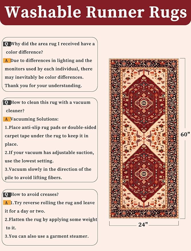 SERISSA Boho Washable Runner Rug, 2x5 Rug Runner Non-Slip Vintage Red Black - Image 6