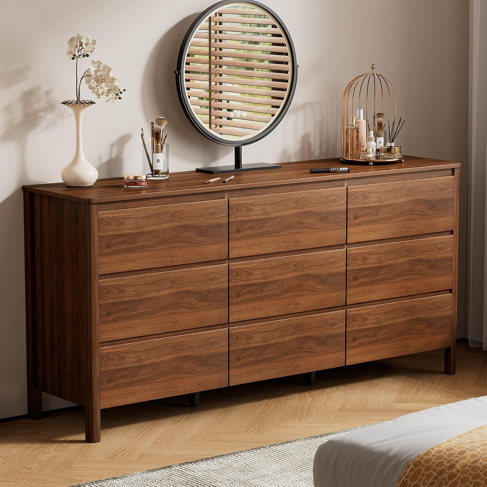 63" Wide 9 Drawer Wood Dresser for Bedroom with Legs, Walnut
