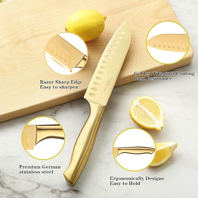 Marco Almond® Gold Knife Set, Knife Block Set MA21, Titanium Coated 14 Pieces - Image 2