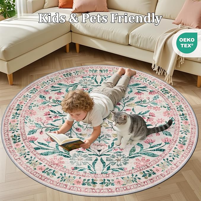 Round Area Rug for Living Room: 4 ft Floral Washable Circle Rug Soft Boho - Image 8