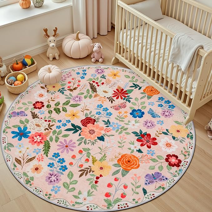 Round Area Rug for Living Room: 6 ft Floral Washable Circle Rug Soft Boho - Image 5