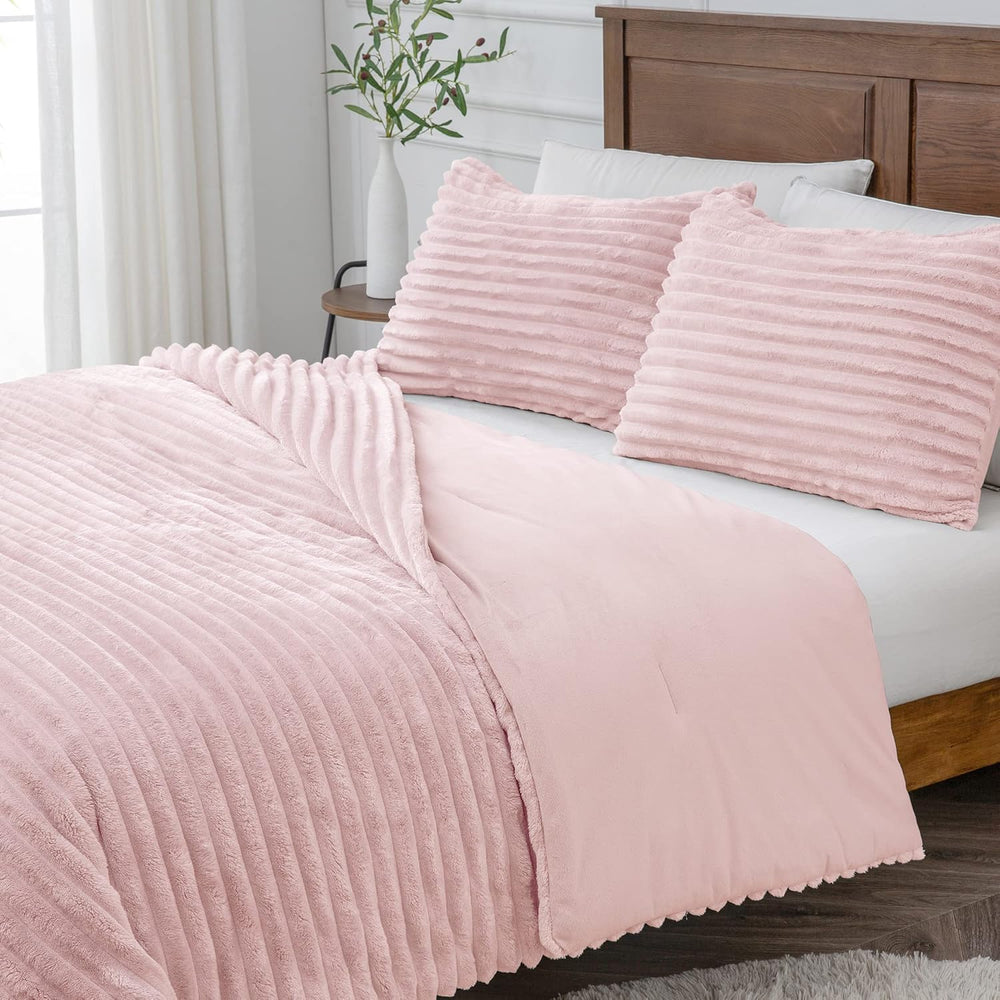 BEDELITE Fleece Queen Comforter Set, Fluffy Bed Set, Pink