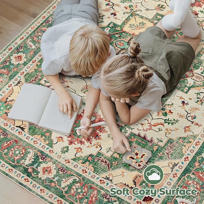 Area Rug 8x10 Washable Rug, Vintage Boho Medallion Rugs Non-Slip Soft Low Pile - Image 4