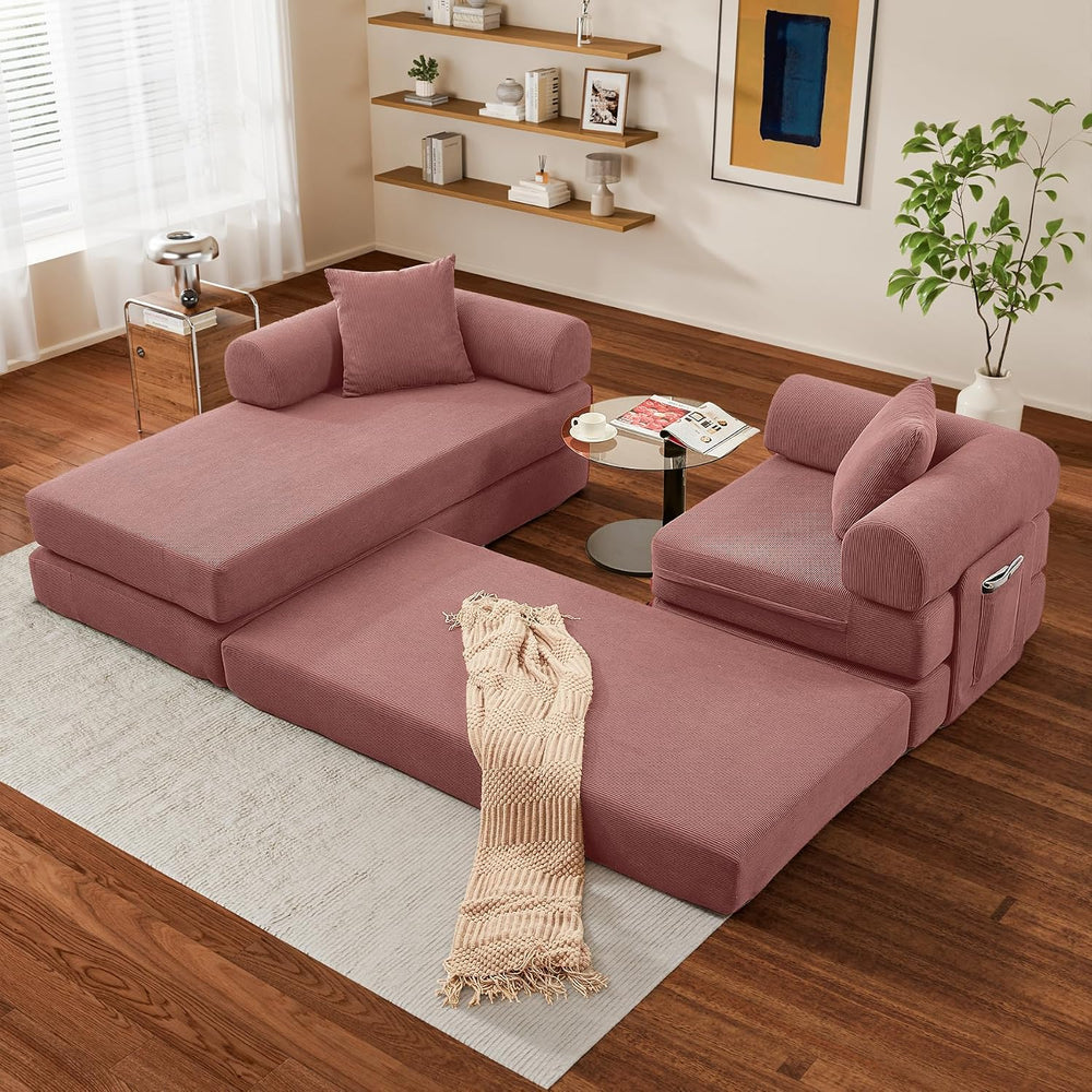 107" Modular Sectional Sofa Bed, L-Shape Corduroy Boneless Couch, Pink