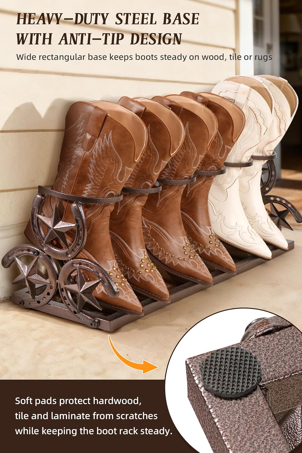 Western Horseshoe Boot Rack, 3 Pairs Freestanding Metal Boot Stand, Bronze | Adjustable Cowboy Boot Organizer with Texas Star Ends for Entryway Bedroom Living Room Decor, Gift for Cowboy Boot Lovers