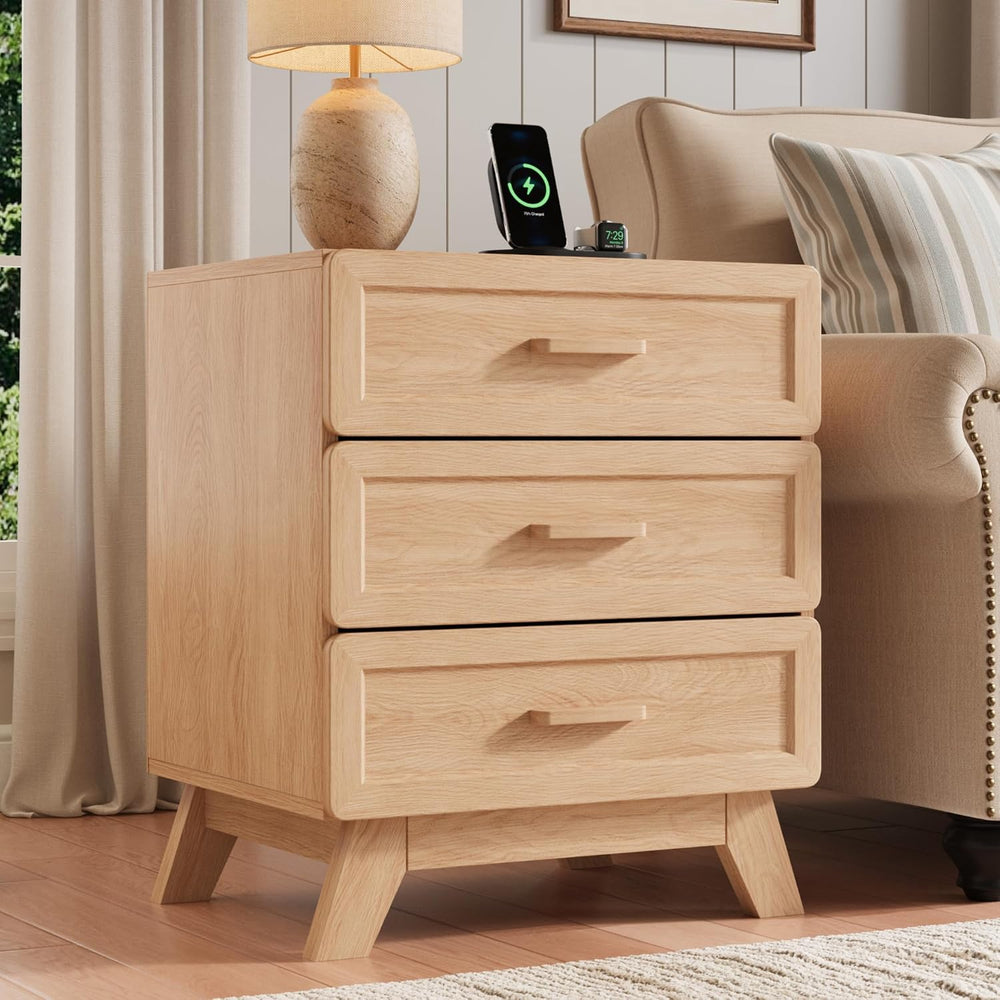 YANSNWO 23.6" Tall Nightstand with Charging Station, 3 Drawers, Natural