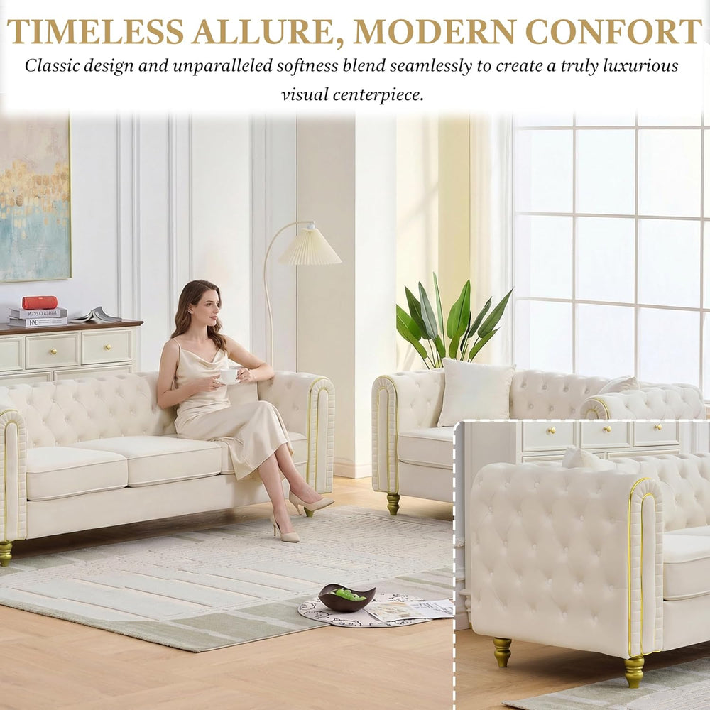 Chesterfield 86" 3-Seater + 63" Loveseat White Velvet Sofa Sets, 3+...