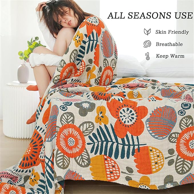MSGKV Cotton Throw Blanket for Couch Bed 90''x98'', Floral Soft Farmhouse - Image 5