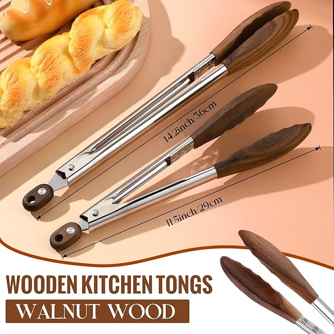 Baderke 2 Pcs Kitchen Tongs for Cooking Wooden Utensil Set Salad Tongs - Image 3