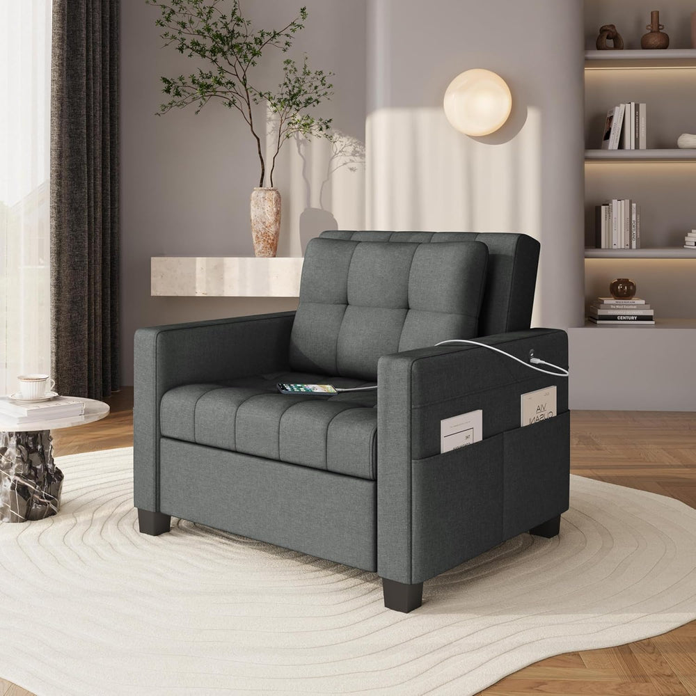Yaheetech Sleeper Chair, Converts to Bed with USB Ports & Pocket, Dark Gray